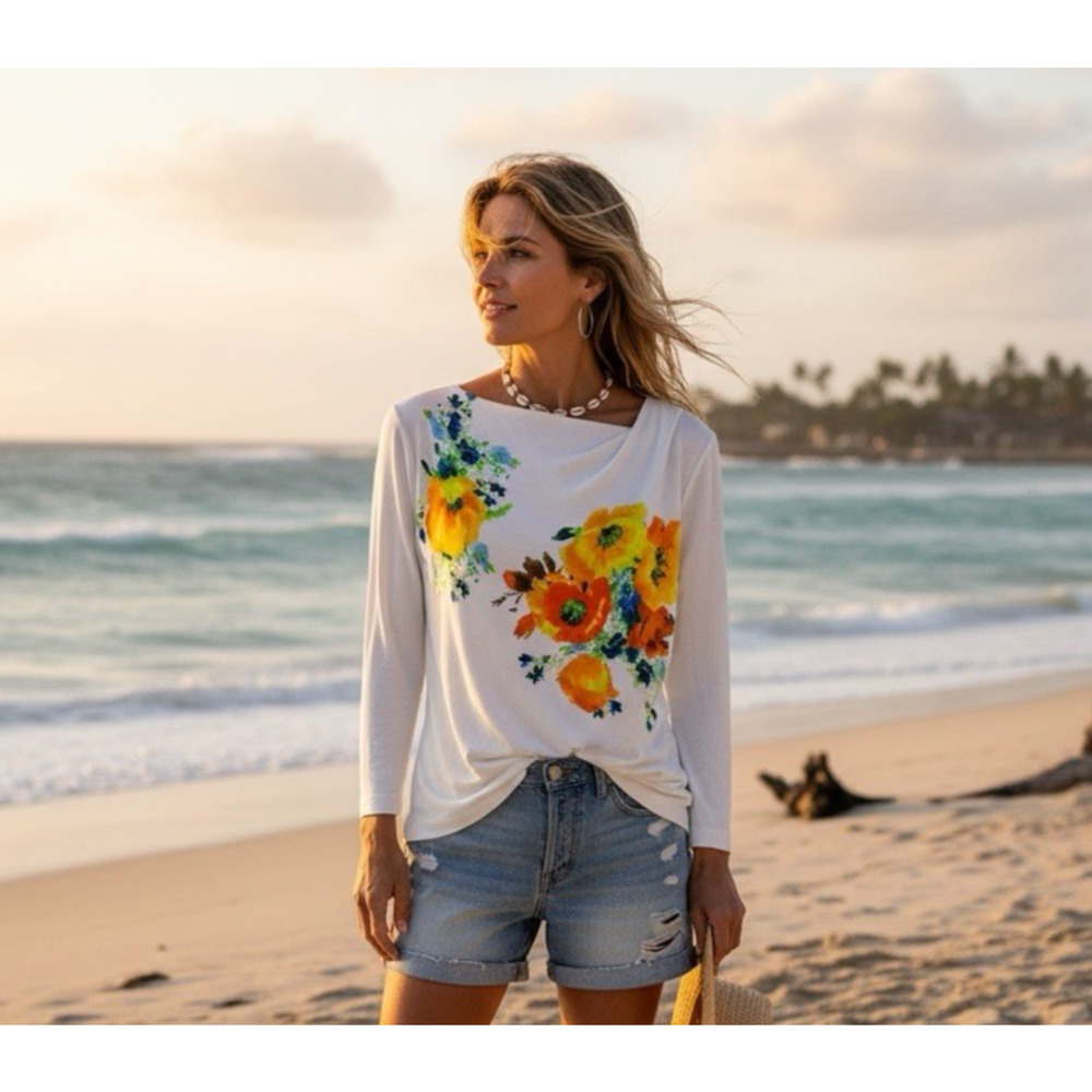 White Floral Long-Sleeve Tee with Yellow Orange Bouquet